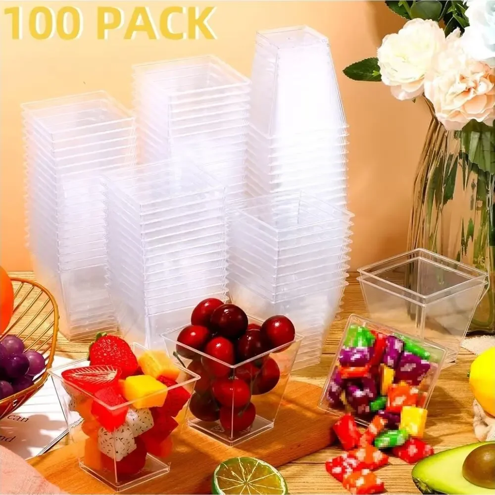 100 Pack 8 Oz Square Plastic Cups, Appetizer Dessert Clear Plastic, Disposable